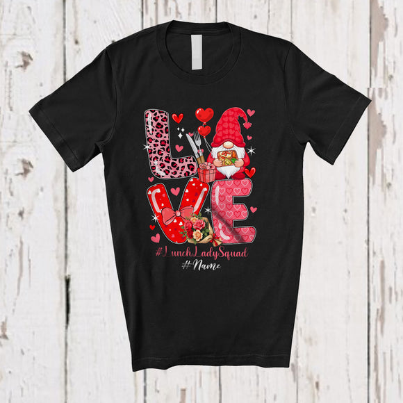 MacnyStore - Personalized Custom Name Love Lunch Lady Squad; Lovely Valentine Hearts Gnome Leopard T-Shirt