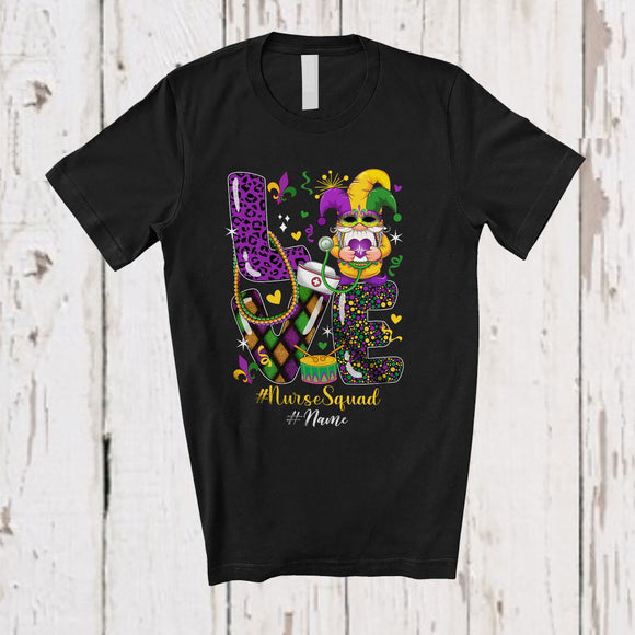 MacnyStore - Personalized Custom Name Love Nurse Squad; Lovely Mardi Gras Mask Gnome Leopard T-Shirt