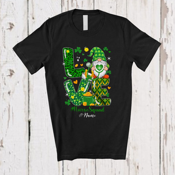 MacnyStore - Personalized Custom Name Love Nurse Squad; Lovely St. Patrick's Day Gnome Leopard T-Shirt