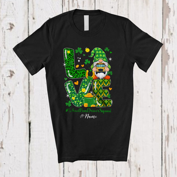 MacnyStore - Personalized Custom Name Love School Bus Driver Squad; Lovely St. Patrick's Day Gnome Leopard T-Shirt