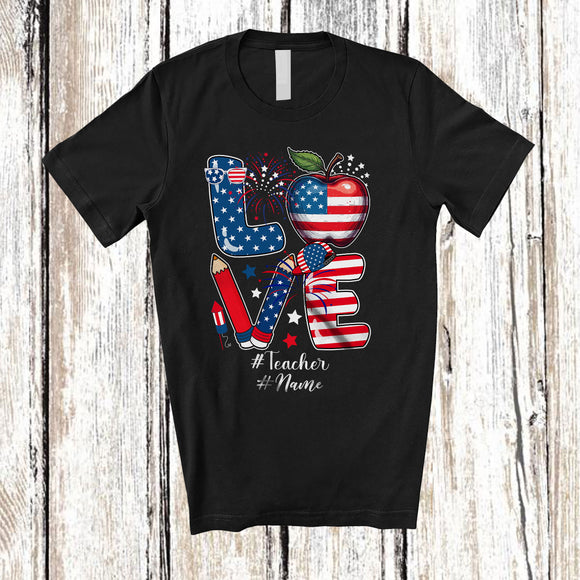 MacnyStore - Personalized Custom Name Love Teacher; Proud 4th Of July US Flag Education Careers; Patriotic T-Shirt