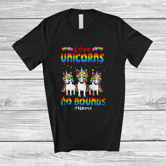 MacnyStore - Personalized Custom Name Love Unicorns No Bounds; Lovely LGBTQ Three Unicorns Gay Flag T-Shirt