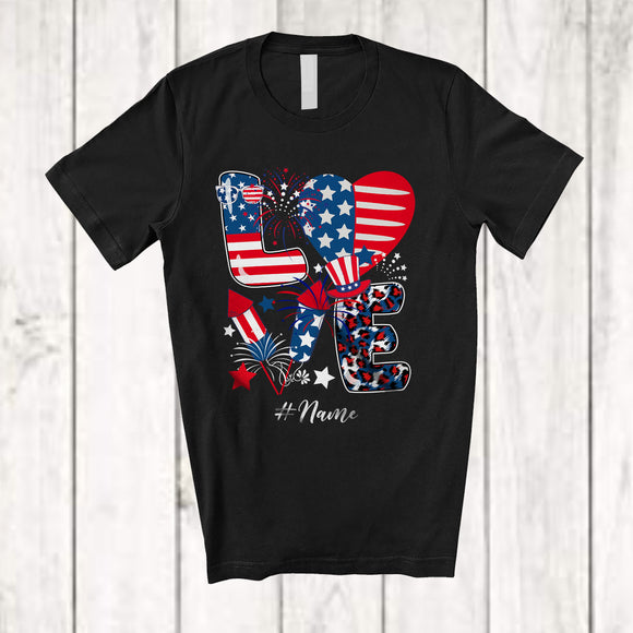 MacnyStore - Personalized Custom Name Love; Lovely 4th of July Plaid Leopard Firecracker Heart; Patriotic T-Shirt