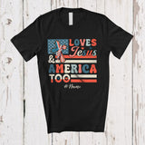 MacnyStore - Personalized Custom Name Loves Jesus And America Too; Proud 4th of July Cross; Vintage Patriotic T-Shirt