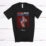 MacnyStore - Personalized Custom Name Loves Jesus and America Too; Proud 4th of July US Flag Cross; Patriotic T-Shirt