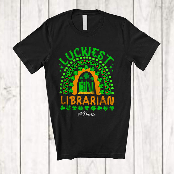MacnyStore - Personalized Custom Name Luckiest Librarian; Joyful St. Patrick's Day Leopard Rainbow; Shamrock T-Shirt