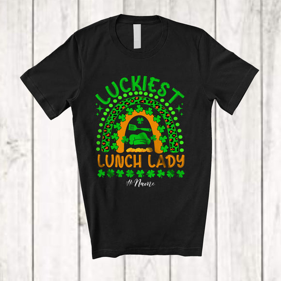 MacnyStore - Personalized Custom Name Luckiest Lunch Lady; Joyful St. Patrick's Day Leopard Rainbow; Shamrock T-Shirt