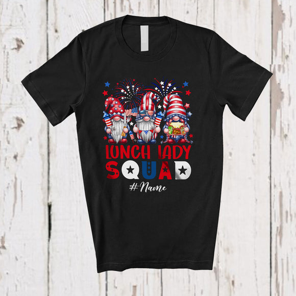 MacnyStore - Personalized Custom Name Lunch Lady Squad; Adorable 4th Of July Three Patriotic Gnomes T-Shirt