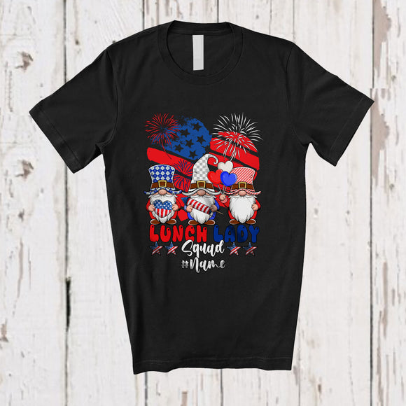 MacnyStore - Personalized Custom Name Lunch Lady Squad; Joyful 4th Of July Three Gnomes; US Flag Heart T-Shirt