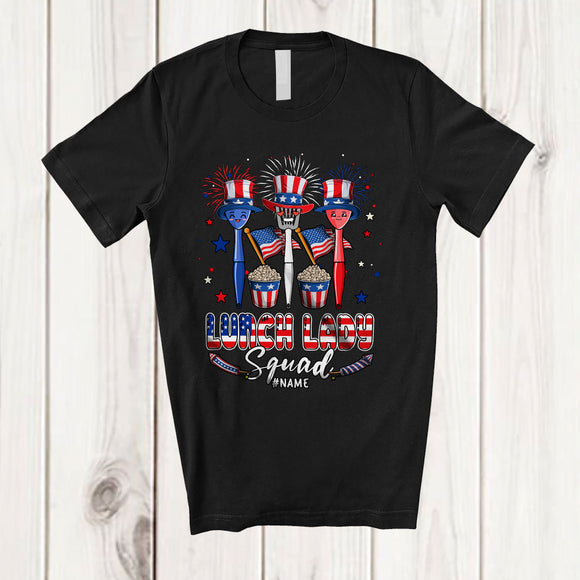 MacnyStore - Personalized Custom Name Lunch Lady Squad; Proud 4th Of July Three Lunch Lady Tools; Patriotic T-Shirt