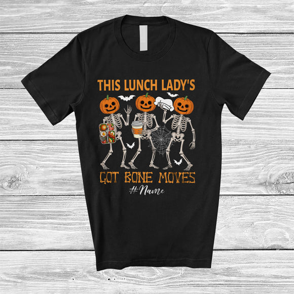 MacnyStore - Personalized Custom Name Lunch Lady's Got Bone Moves; Joyful Halloween Pumpkin Skeletons T-Shirt