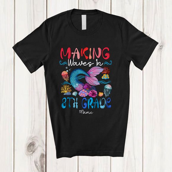 MacnyStore - Personalized Custom Name Making Waves In 8th Grade; Lovely Back To School Girls Mermaid Tail T-Shirt