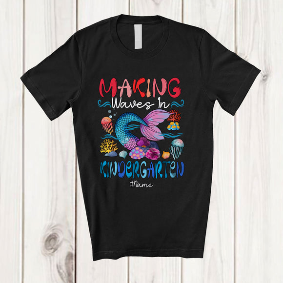 MacnyStore - Personalized Custom Name Making Waves In Kindergarten; Lovely Back To School Mermaid Tail T-Shirt