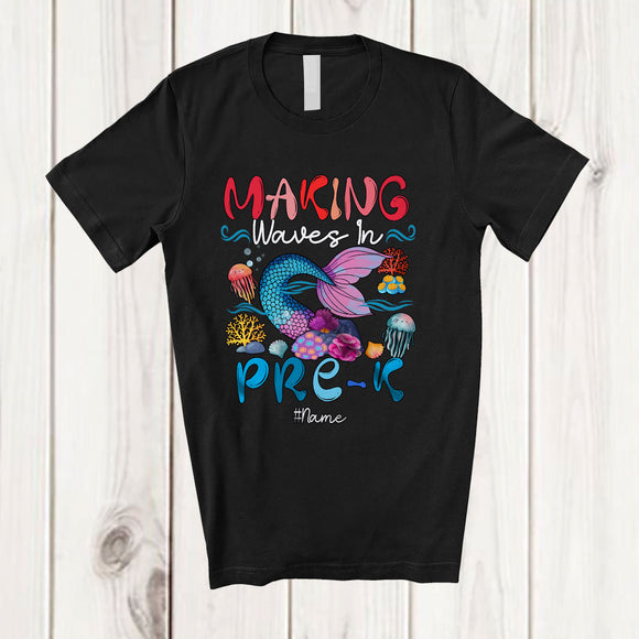 MacnyStore - Personalized Custom Name Making Waves In Pre-K; Lovely Back To School Girls Mermaid Tail T-Shirt