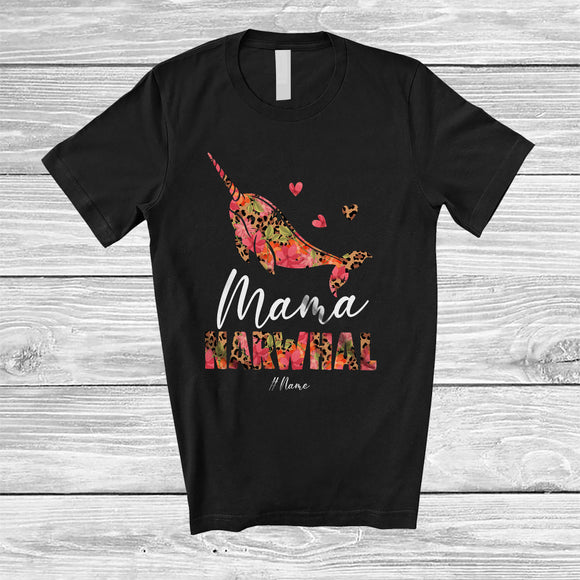 MacnyStore - Personalized Custom Name Mama Narwhal; Lovely Mother's Day Narwhal Leopard Floral; Family T-Shirt