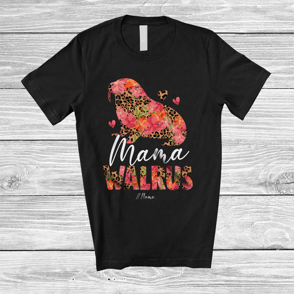 MacnyStore - Personalized Custom Name Mama Walrus; Lovely Mother's Day Walrus Leopard Floral; Family T-Shirt