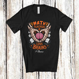 MacnyStore - Personalized Custom Name Math Teachers Love Brains; Sarcastic Halloween Skeleton Hands T-Shirt