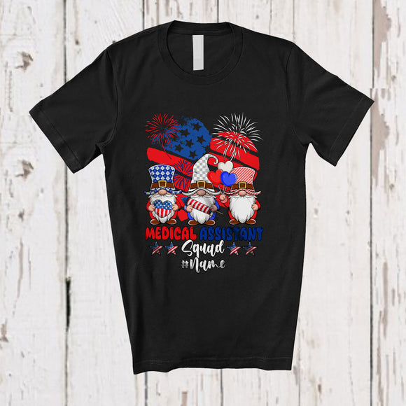 MacnyStore - Personalized Custom Name Medical Assistant Squad; Joyful 4th Of July Three Gnomes; US Flag Heart T-Shirt