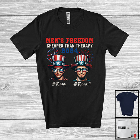 MacnyStore - Personalized Custom Name Men's Freedom Cheaper Than Therapy 2024, Lovely 4th Of July 2 Boy Patriotic T-Shirt