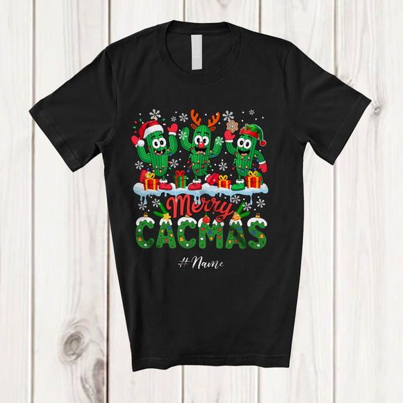 MacnyStore - Personalized Custom Name Merry Cacmas; Humorous Christmas Snow Three Cactus; Family T-Shirt