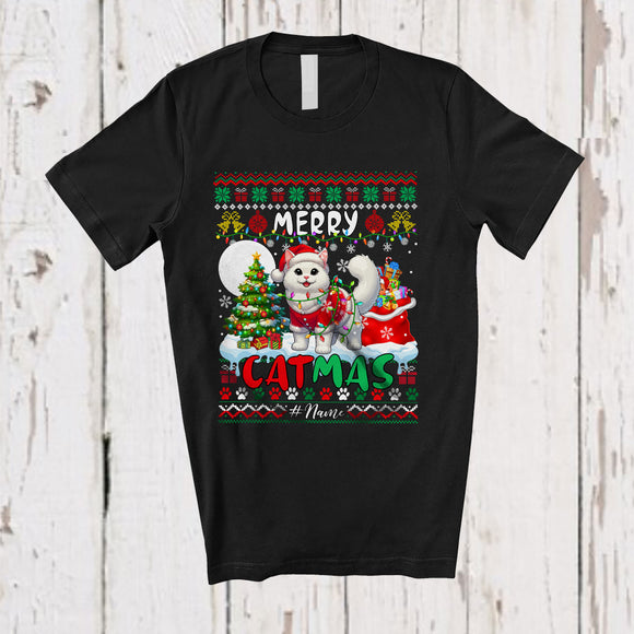 MacnyStore - Personalized Custom Name Merry Catmas; Amazing Christmas Lights Sweater Cat Santa; Family T-Shirt