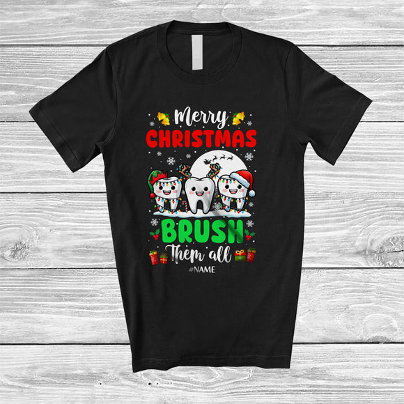 MacnyStore - Personalized Custom Name Merry Christmas Brush Them All; Lovely Three Teeth Dental Dentist T-Shirt