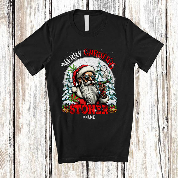 MacnyStore - Personalized Custom Name Merry Christmas Stoner; Humorous Moon Santa Smoking; 420 Smoker T-Shirt