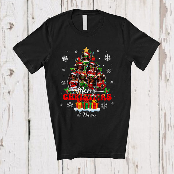 MacnyStore - Personalized Custom Name Merry Christmas; Lovely Black Afro Santa African Girls Women X-mas Tree T-Shirt