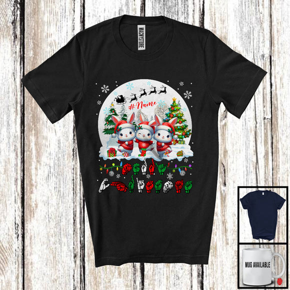 MacnyStore - Personalized Custom Name Merry Christmas; Lovely Three ASL Bunnies; X-mas Moon Sign Language T-Shirt