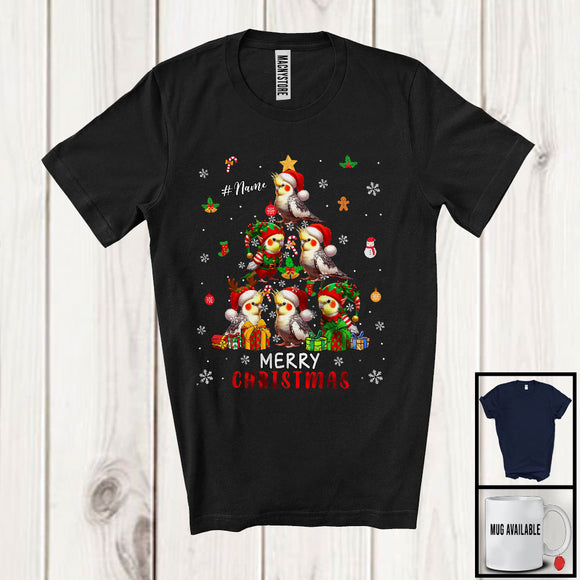 MacnyStore - Personalized Custom Name Merry Christmas; Lovely X-mas Tree Cockatiel Snowing; Bird Animal T-Shirt