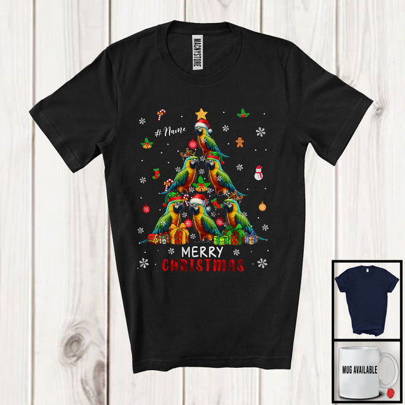 MacnyStore - Personalized Custom Name Merry Christmas; Lovely X-mas Tree Parrot Snowing Around; Bird Animal T-Shirt