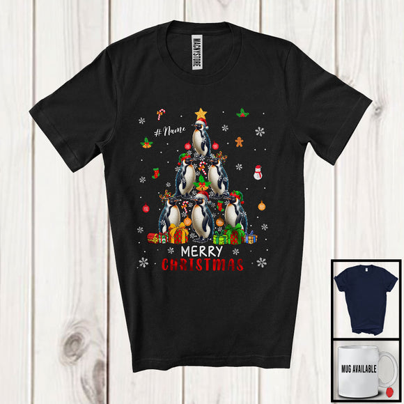 MacnyStore - Personalized Custom Name Merry Christmas; Lovely X-mas Tree Penguin Snowing Around; Bird Animal T-Shirt