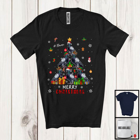 MacnyStore - Personalized Custom Name Merry Christmas; Lovely X-mas Tree Pigeon Snowing Around; Bird Animal T-Shirt