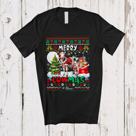 MacnyStore - Personalized Custom Name Merry Cowmas; Amazing Christmas Lights Sweater Cow Santa; Family T-Shirt