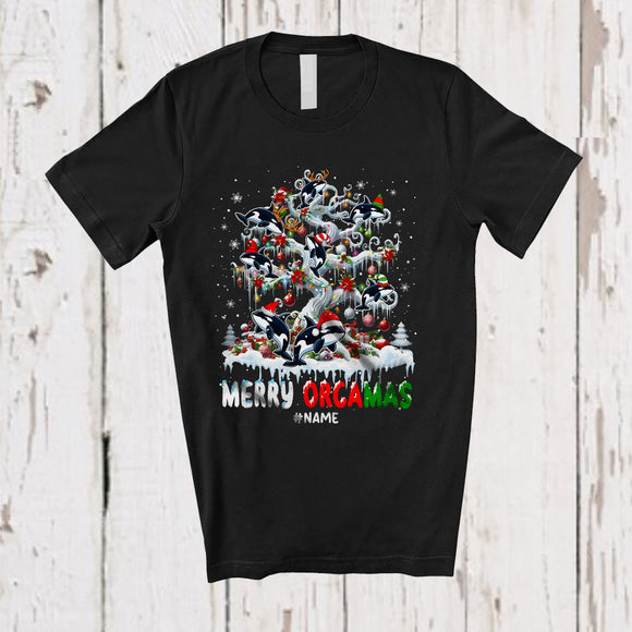 MacnyStore - Personalized Custom Name Merry Orcamas; Amusing Christmas Orca Killer Whale On X-mas Tree T-Shirt