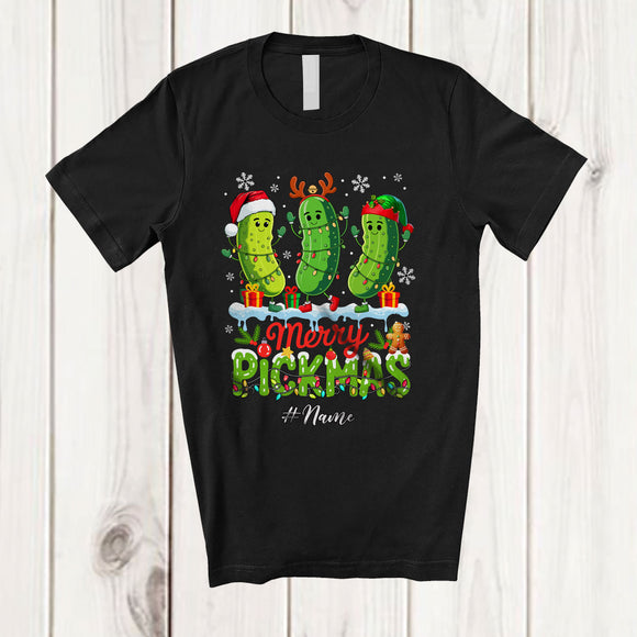 MacnyStore - Personalized Custom Name Merry Pickmas; Humorous Christmas Snow Three Pickle; Family T-Shirt