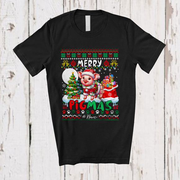 MacnyStore - Personalized Custom Name Merry Pigmas; Amazing Christmas Lights Sweater Pig Santa; Family T-Shirt