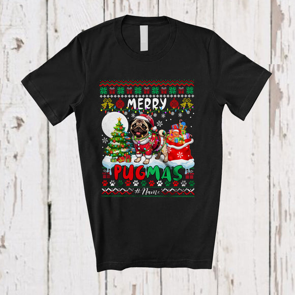 MacnyStore - Personalized Custom Name Merry Pugmas; Amazing Christmas Lights Sweater Pug Santa; Family T-Shirt