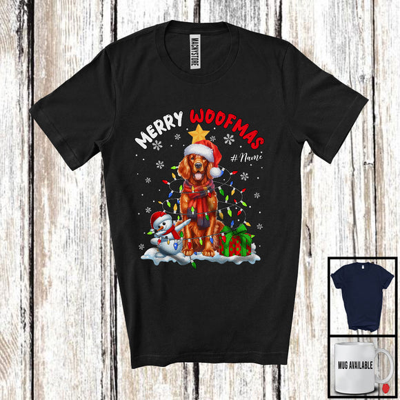 MacnyStore - Personalized Custom Name Merry Woofmas; Lovely Christmas Lights Santa Irish Setter; Snowman T-Shirt