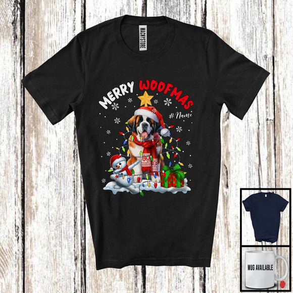MacnyStore - Personalized Custom Name Merry Woofmas; Lovely Christmas Lights Santa St. Bernard; Snowman T-Shirt