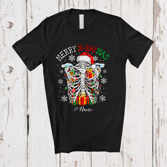 MacnyStore - Personalized Custom Name Merry X-Raymas; Cheerful Christmas Skeleton Rib Cage Radiology T-Shirt