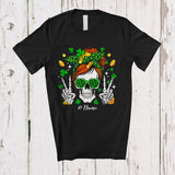 MacnyStore - Personalized Custom Name Messy Bun Hair Skull Say Hi; Joyful St. Patrick's Day Shamrock; Family T-Shirt