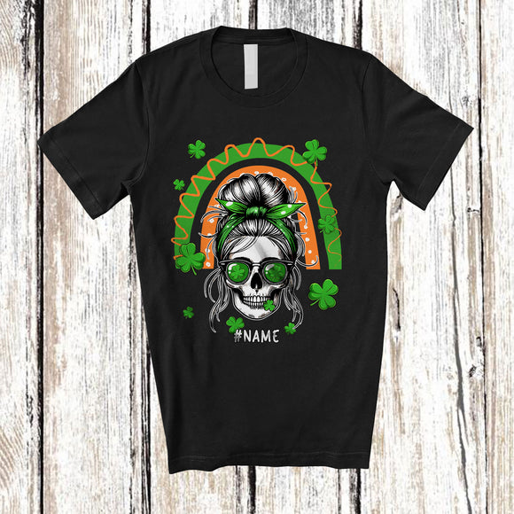 MacnyStore - Personalized Custom Name Messy Bun Hair Woman; Humorous St. Patrick's Day Rainbow T-Shirt