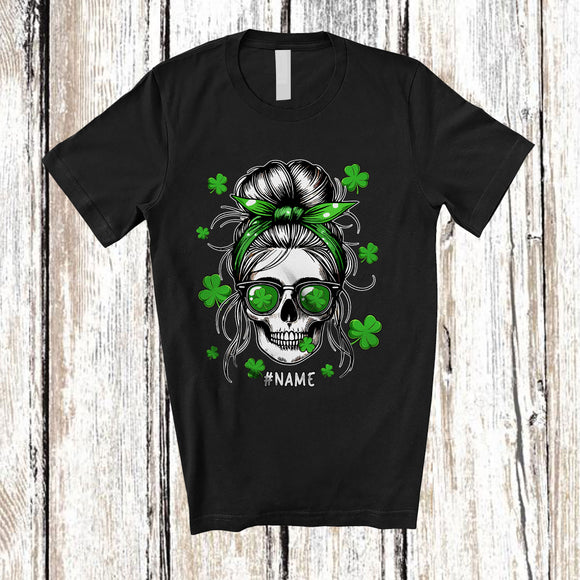 MacnyStore - Personalized Custom Name Messy Bun Hair Woman; Humorous St. Patrick's Day Shamrocks T-Shirt