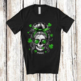 MacnyStore - Personalized Custom Name Messy Bun Hair Woman; Humorous St. Patrick's Day Shamrocks T-Shirt