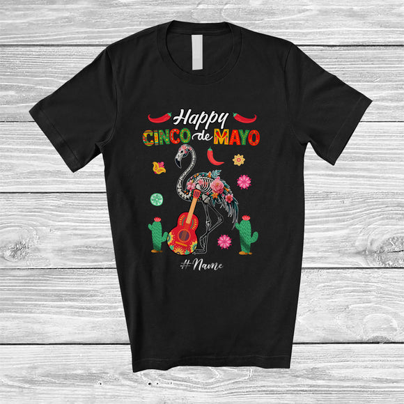 MacnyStore - Personalized Custom Name Mexican Skeleton Flamingo; Amazing Cinco De Mayo Flamingo Flowers T-Shirt