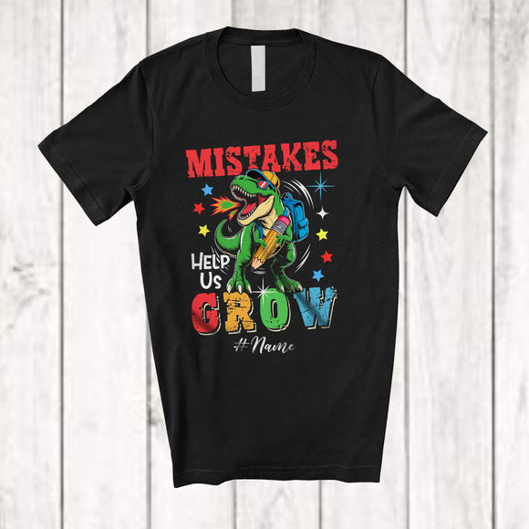 MacnyStore - Personalized Custom Name Mistakes Help Us Grow; Joyful First Day Of School T-Rex; Teacher T-Shirt