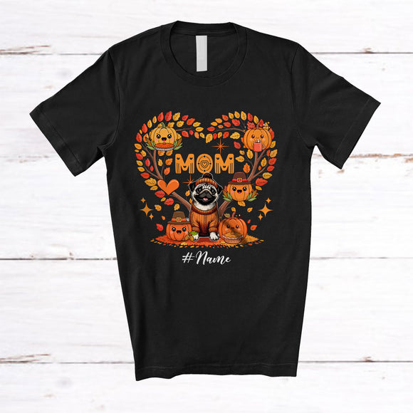MacnyStore - Personalized Custom Name Mom; Adorable Thanksgiving Fall Tree Heart Pumpkins Pug; Family T-Shirt