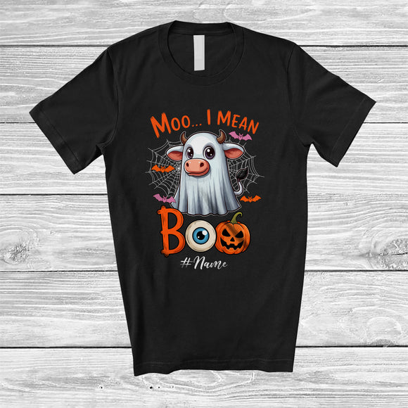 MacnyStore - Personalized Custom Name Moo I Mean Boo; Amusing Halloween Cow Ghost Boo Costume; Farmer T-Shirt
