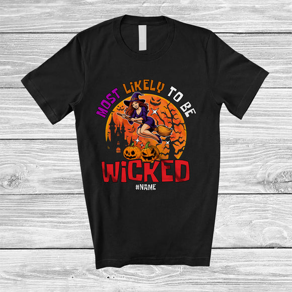 MacnyStore - Personalized Custom Name Most Likely To Be Wicked; Joyful Halloween Moon Flying Witch; Family T-Shirt